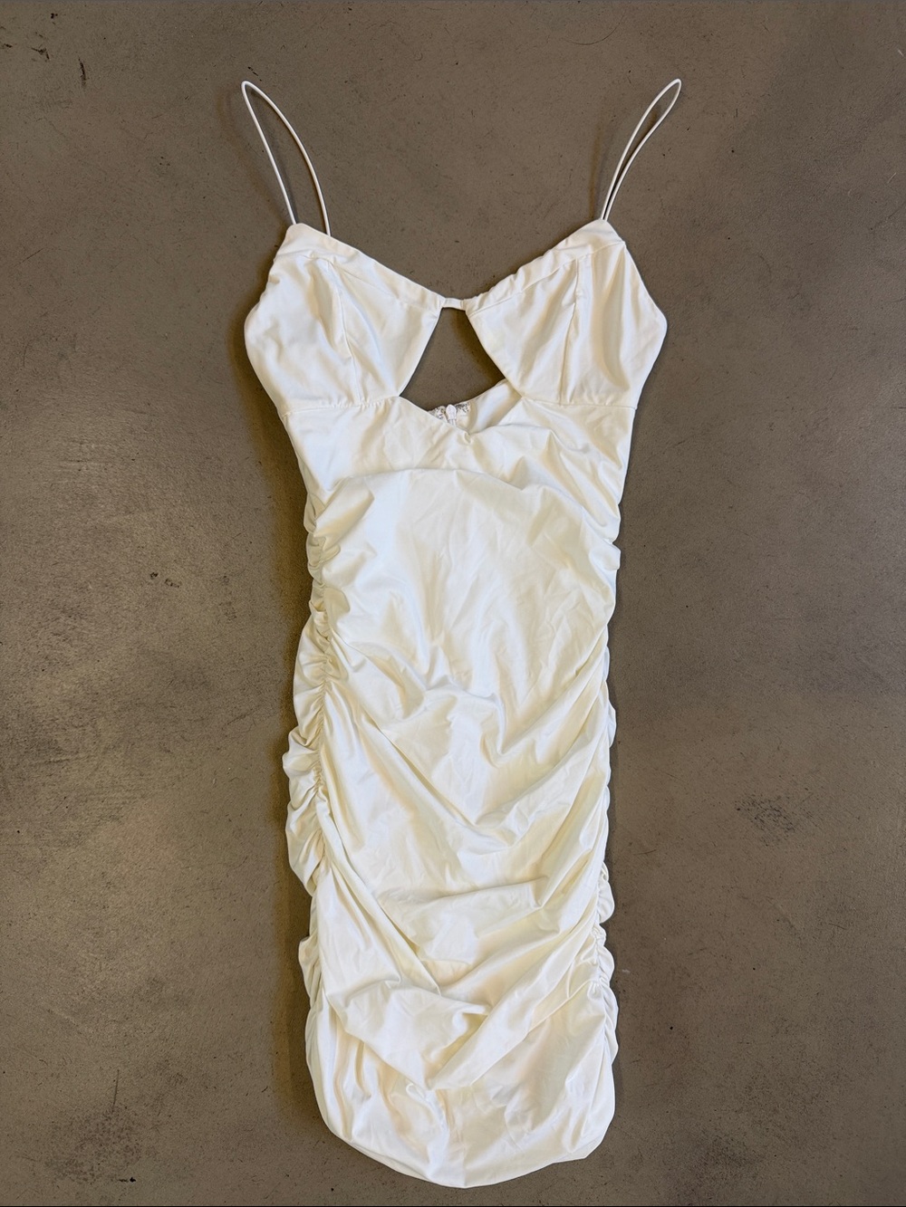Tiger Mist White Ruched Spaghetti-Strap Mini Dress with Front Cutout